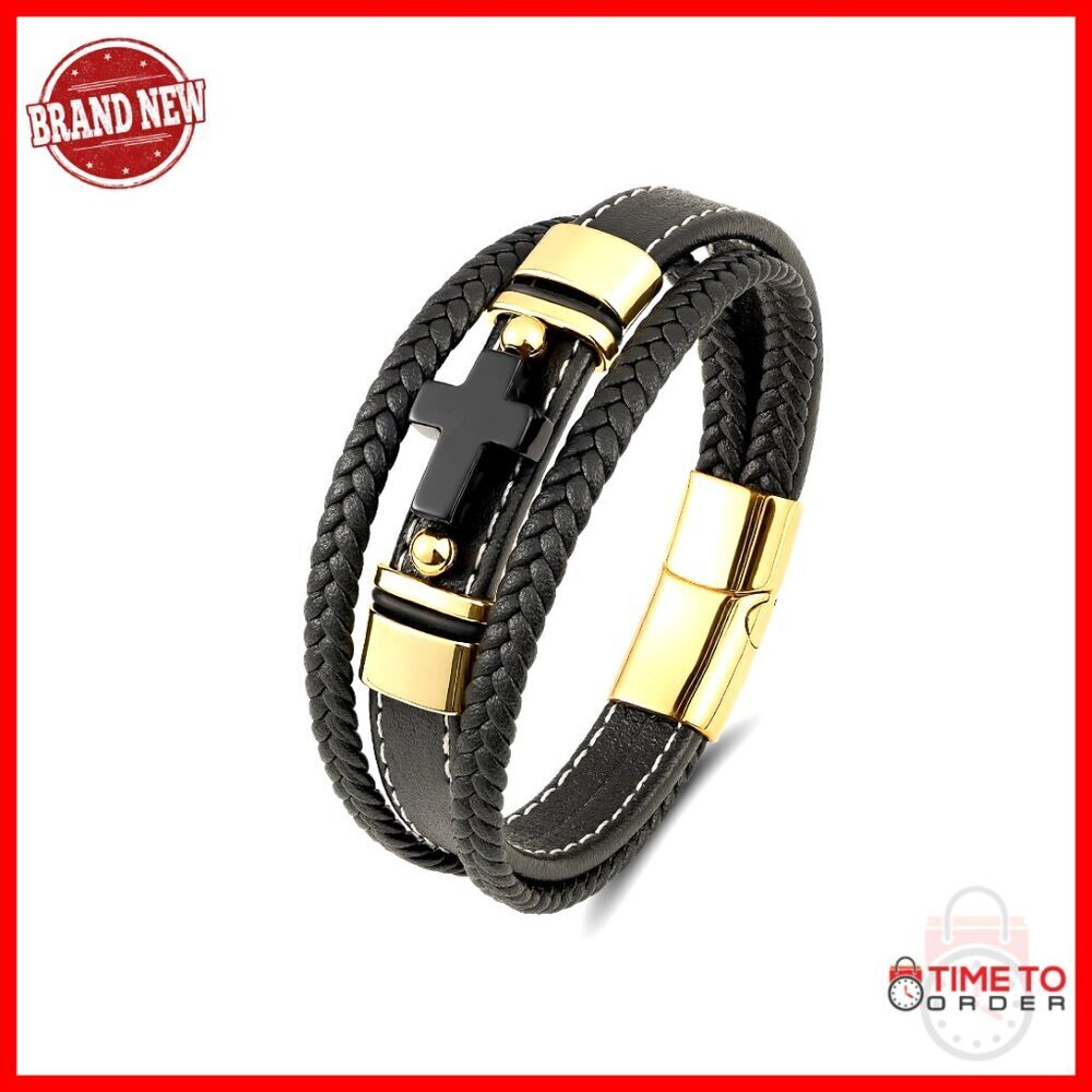 Men's Genuine Leather Cross Bracelet with Stainless Steel Clasp